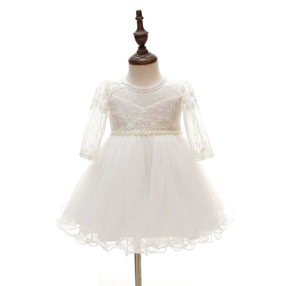 Elegant Lace Beaded Embroidered Long Sleeve Christening Baptism Dress Special Occasion