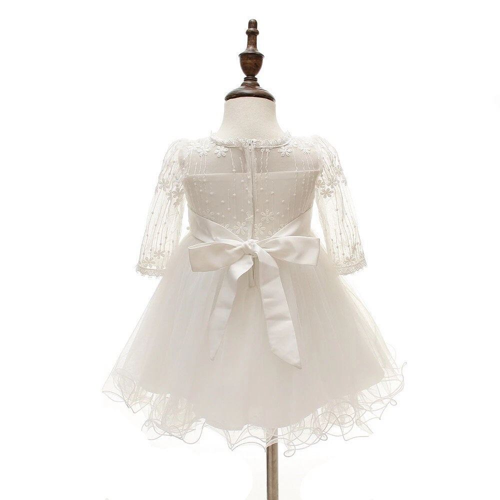 Elegant Lace Beaded Embroidered Long Sleeve Christening Baptism Dress Special Occasion