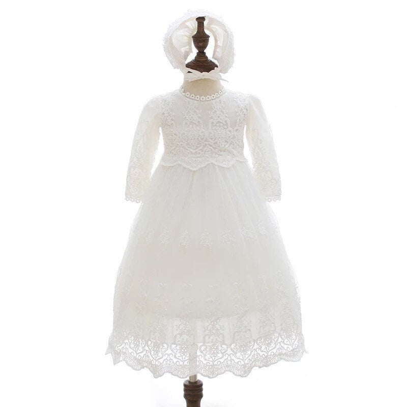 Long Sleeve Lace White Gown Special Occasion Baptism Christening With Matching Bonnet