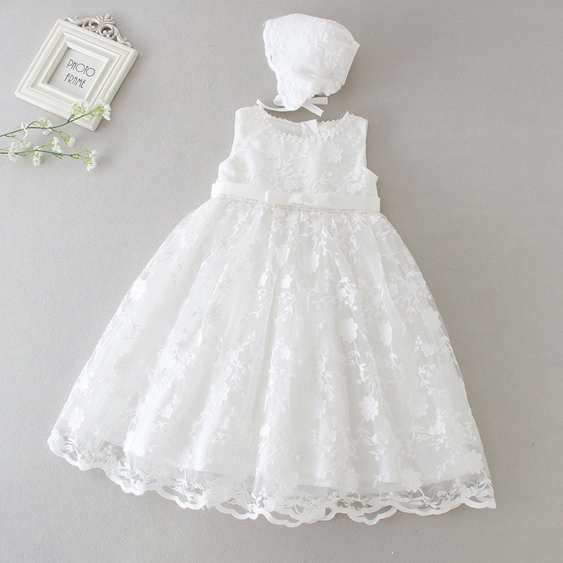 Baby Girl Sleeveless Special Occassion Baptism Christening White Lace Gown Set With Matching Bonnet